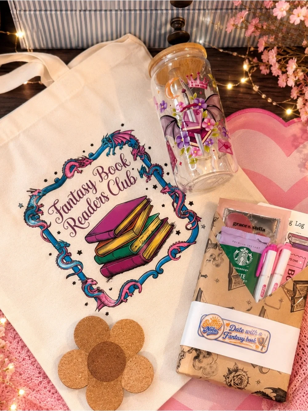 Fantasy Book Readers Club Tote Bag and Pink  Drink Cup Set Blind Date w/Book